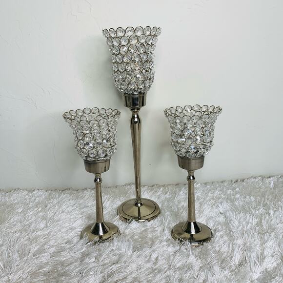 Set Three Candlesticks Faceted Crystal Tulips 17" and 11" high - Picture 1 of 8